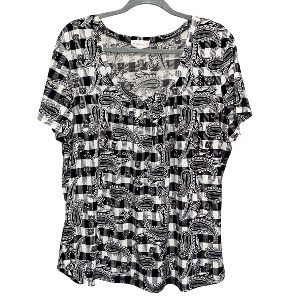 Aronia Paisly Print Black White Short Sleeve Scoop Neck Women Size 3XL‎